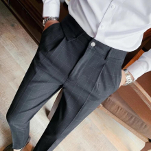 British Style Business Formal Wear Slim Fit Plaid Men Dress Pants Casual All Match Straight Gentlemen Office Trousers 36