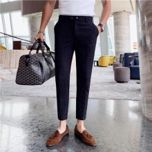 British Style Men Suit Pants Spring Summer Business Plaid Pants Men Slim Fit Ankle Length Office Trousers Men 35-29