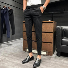 28-36 Men Dress Pants Slim Fit Streetwear Striped Workout Ankle Trouser Male Summer Office Trousers Men Skinny Buttom