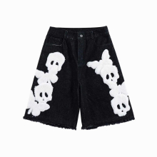 Skull Biker Jeans Knee Length Denim Shorts Hip Hop Jeans Streetwear Men Cargo Jeans Distressed Jean Shorts