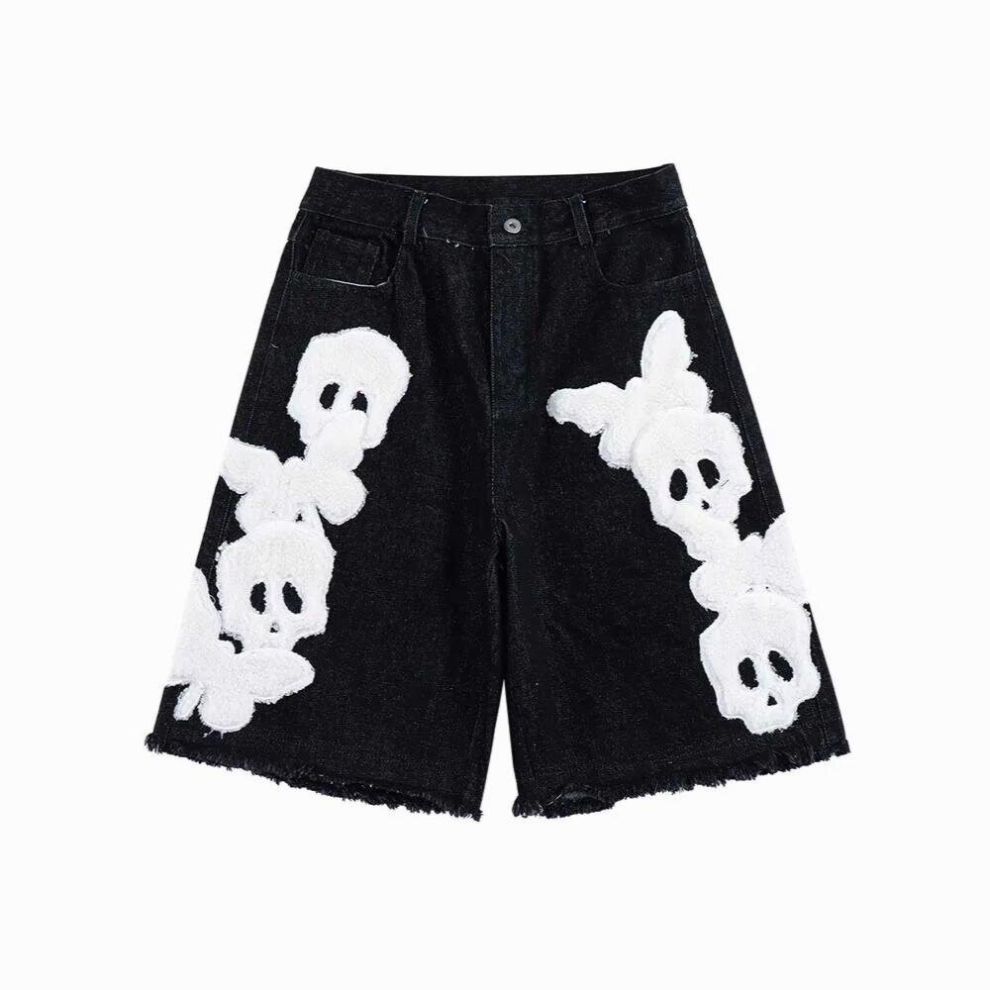 Skull Biker Jeans Knee Length Denim Shorts Hip Hop Jeans Streetwear Men Cargo Jeans Distressed Jean Shorts
