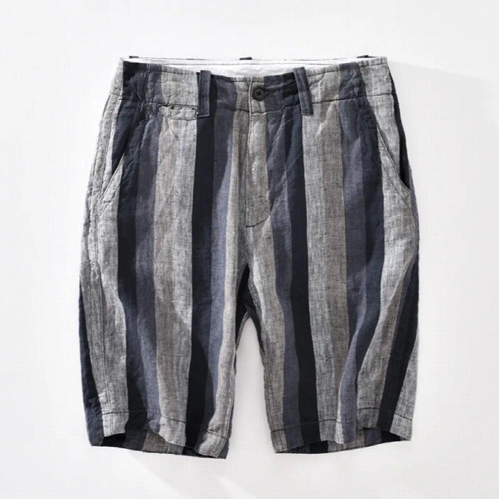 802 Mens Thin Shorts Summer Striped Japan Basic Style Casual Loose Beach Straight Breathable Yarn-dyed Linen Shorts-image-OPC-PCQQ26H-NEW