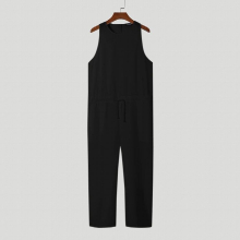 Men Jumpsuits Solid O-neck Sleeveless Breathable Drawstring Casual Rompers Streetwear Leisure Overalls S-5XL