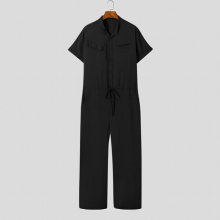 Men Casual Jumpsuits Solid Short Sleeve Joggers Pockets Loose Cargo Overalls Drawstring Rompers S-5XL