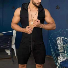 Men's Hoodie Sleeveless Jumpsuit Shorts Comfortable Homewear Casual Men's Jumpsuit Pajamas Solid Zipper Onesies Home Men Clothes