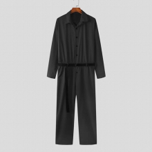Men Jumpsuits Solid Lapel Long Sleeve Button Rompers Streetwear Casual Men Cargo Overalls With Belt S-5XL