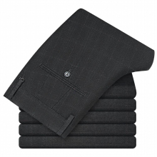 Autumn Mens Brushed Plaid Straight Casual Pants Business Elastic Regular Fit Trousers Male Clothes