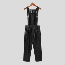 American Style Mens Leather Jumpsuit Casual Streetwear Male Solid All-match Comfortable Overalls S-5XL