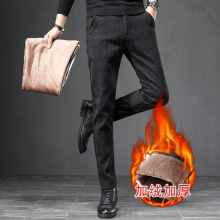 Autumn Winter Thick Fleece Classic Plaid Mens Casual Pants Business Grey Elastic Fit Jobs Trousers Male 38