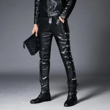 Pants Leather PU Faux For Men Motorcycle Streetwear Punk Hip HOP Bike Trouesr