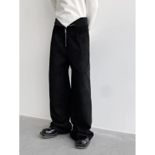 Autumn Men Winter Pants Thickened Deerskin Velvet Wide Leg Straight Trousers Zipper High Waist Solid