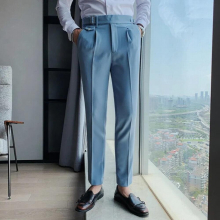 Men High Waist Trousers Solid England Business Casual Suit Pants Belt Straight Slim Fit Bottoms Clothing