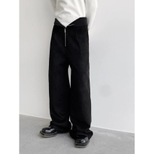 Men Pants Autumn Winter Thickened Deerskin Velvet Wide Leg Straight Trousers Zipper High Waist Solid