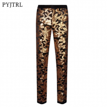 PYJTRL Men Golden Sequins Velvet Casual Pants Floral Wedding Groom Singer Expandable Waist Trousers