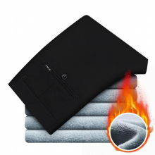 Classic Pocket Business Casual Mens Clothing Winter Pants Fleece Thick Warm Stretch Fit Straight High Waist Trousers