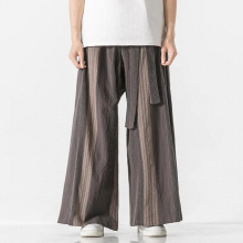 Chinese Traditional Dress Cotton Linen Striped Wide Leg Pants Men Clothing Ethnic Retro Loose Plus Size Casual Trousers Male