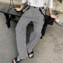 Pants Men Vintagte Houndstooth Plaid Casual Loose Wide Leg Straight Trousers Youth Male Streetwear Suit Pant