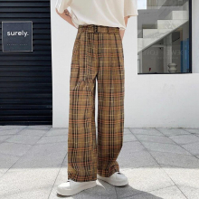 Loose Wide Leg Versatile Plaid Belt Long Pants For Men Causal Loose Vintage Streetwear Trousers Male 2Y8282