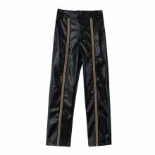 Personality PU Leather Niche Men Pants Straight Trousers Fashionable Casual Contrast Darkwear Highstreet 2A6201