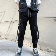 Mens Casual Leggings Hip Hop Dark Night Show Ribbons Autumn Male Streetwear Overalls Cargo Pants