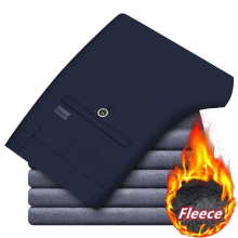 Winter Mens Fitted Straight Pants Classic Style Fleece Thick Warm Business Casual High waist Trousers