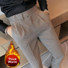 Plush Trousers British Business Slim Fit Thousand Bird Check Trousers Straight Pants Fall Winter Mens Dress Suits