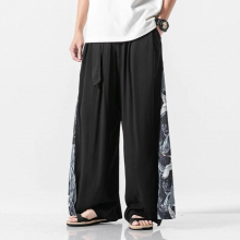 Fairy Crane Splicing Hanfu Men Falling Feet Culottes Chinese Style Wide Leg Pants Spring Summer Linen Loose Plus Size Trousers