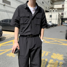 Men Short Sleeve Elastic Waist Overalls Punk Style Pockets Pants Loose Solid Rompers Men Jumpsuit Streetwear