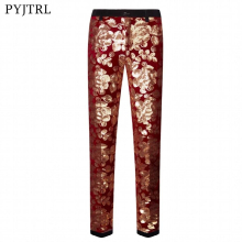 PYJTRL Men Red Wine Velvet Casual PantsSequins Floral Wedding Groom Singer Expandable Waist Trousers