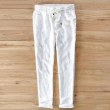 Fabric Men Drawstring Linen Pants Business Casual 100% Pure Linen Slim Fit Pants Elastic Waist Solid K120