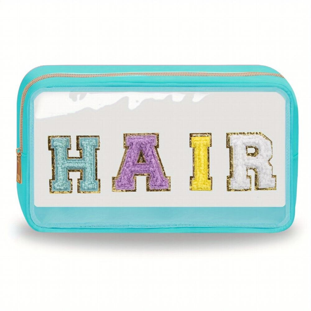 Multicoloured Chenille Letter Clear Makeup Bags Hair Pouch Preppy Patch Makeup Bag With Zipper Transparent Pvc & Nylon Waterproof Portable Glitter Cosmetic Bag Trav