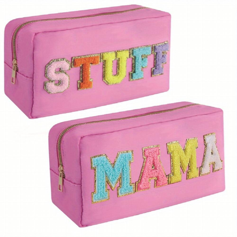 Multicoloured 2Pcs Preppy Chenille Letter Patch Makeup Bag Nylon Varsity Cosmetic Toiletry Bag With Zipper Portable Skin Care Pouch Travel Make Up Skincare Organize