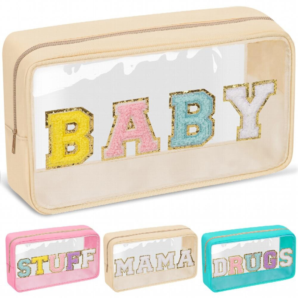 Multicoloured Chenille Letter Clear Makeup Bags Pouch Preppy Patch Makeup Bag With Zipper Transparent Pvc & Nylon Waterproof Portable Glitter Cosmetic Bag Travel To