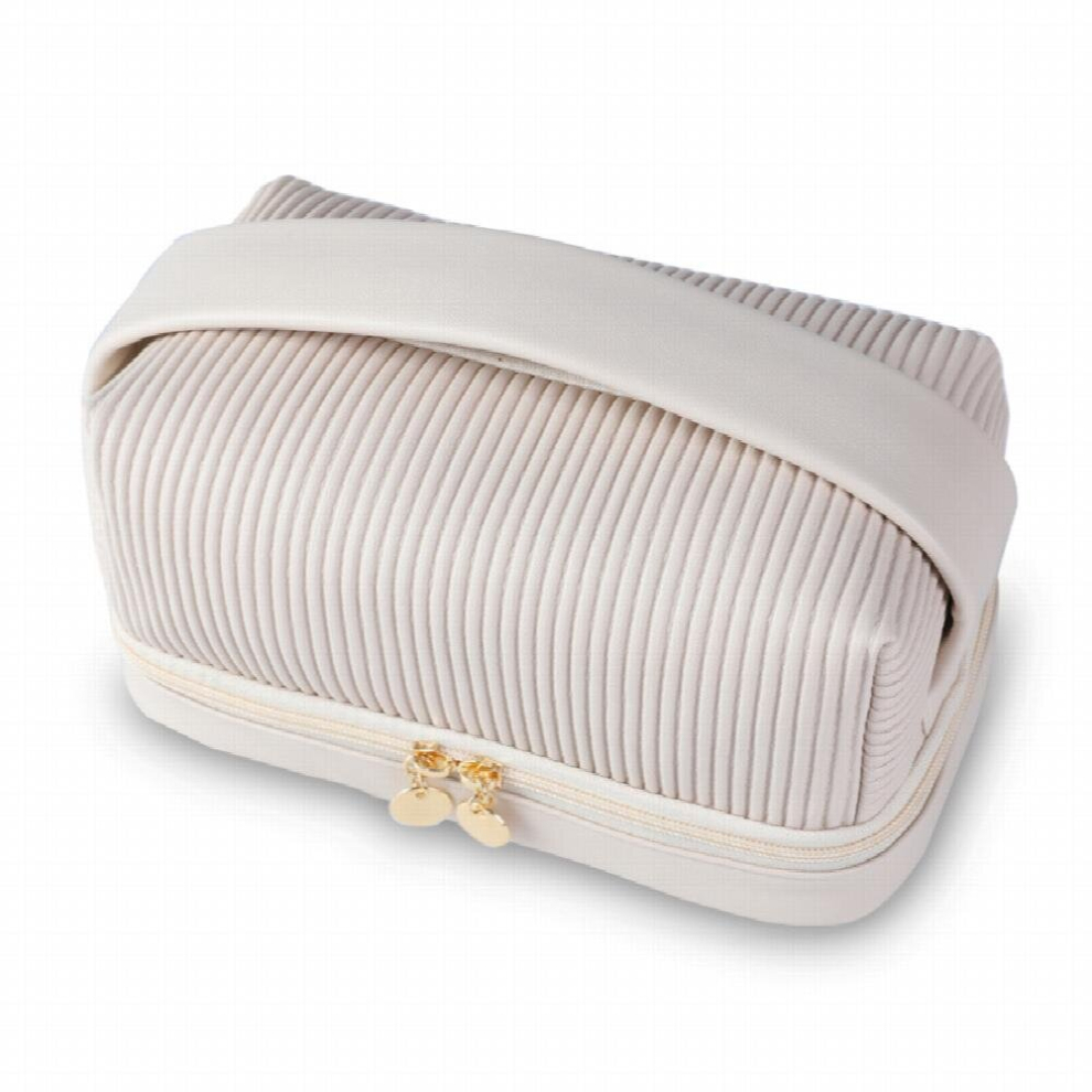 Orange Double Layer Travel Makeup Bag With Handle Cosmetic Bag With Brush Compartment For Women Large Capacity Makeup Organizer Bag Waterproof