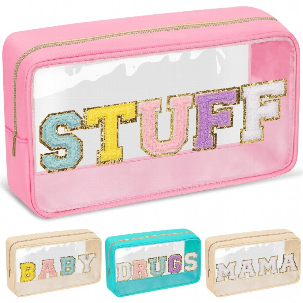 Multicoloured Chenille Letter Clear Makeup Bags Stuff Pouch Preppy Patch Makeup Bag With Zipper Transparent Pvc & Nylon Waterproof Portable Glitter Cosmetic Bag Tra