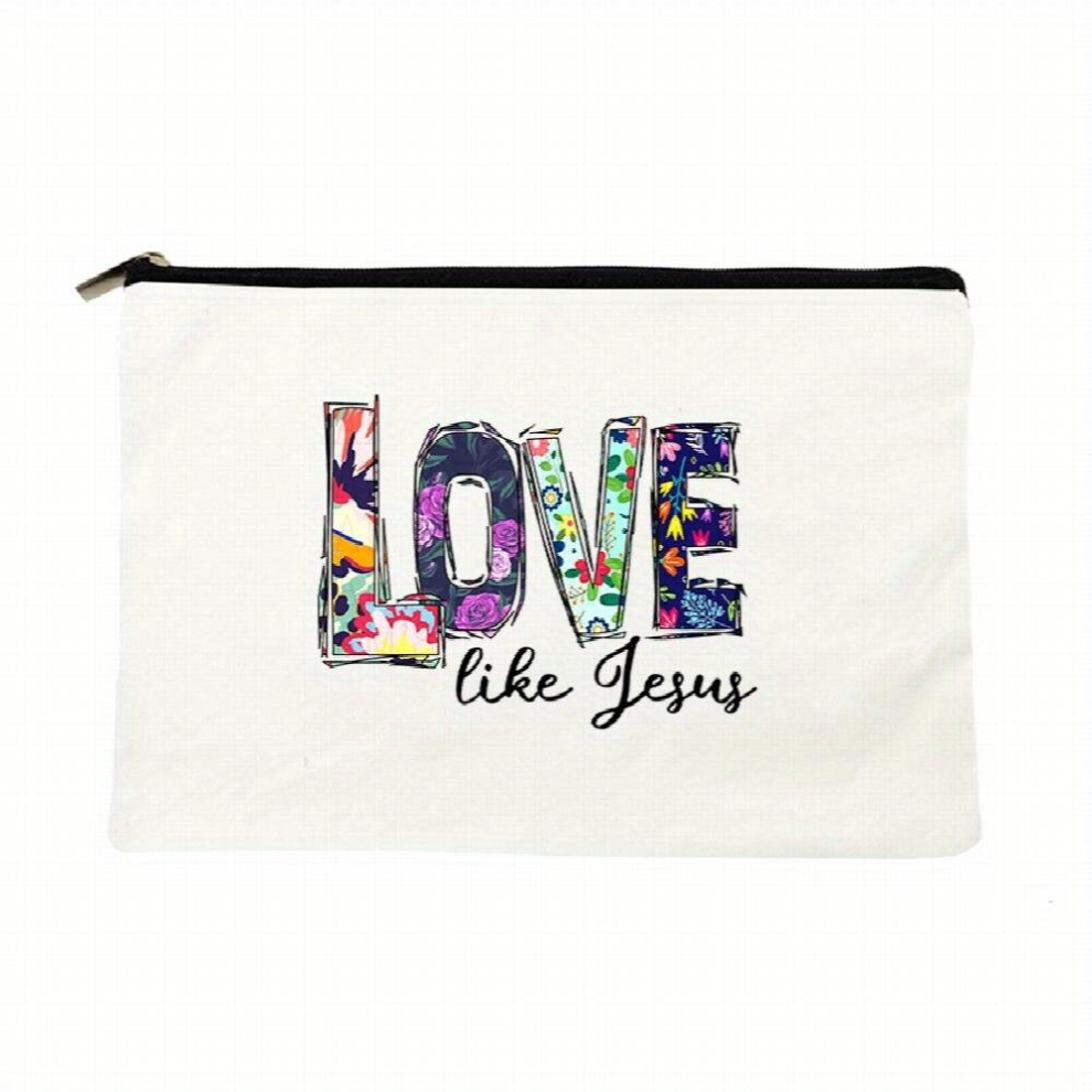 Multicoloured Religious Makeup Bag Love Like Jesus Print Cosmetic Bag Christian Canvas Makeup Pouch Ladies Travel Wash Toiletry Pouch Clutch Bag For Women