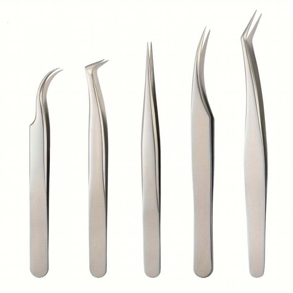 Silver 5Pcs Lash Eyelash Extension Tweezers Set Eyelash Applicator Tool Curved And Straight Pointed Tweezers For Eyelash Extensions