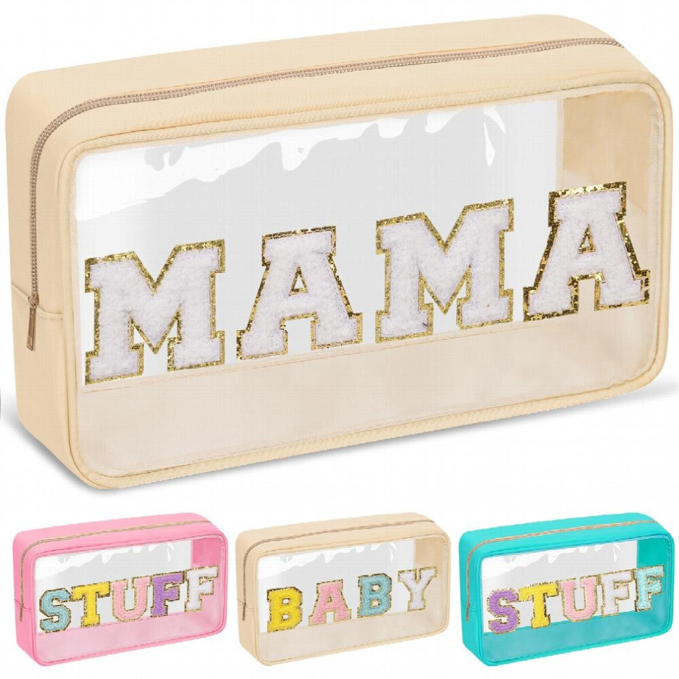 Chenille Letter Clear Makeup Bags Mama Pouch Preppy Patch Makeup Bag With Zipper Transparent PVC & Nylon Waterproof Portable Glitter Cosmetic Bag Trav