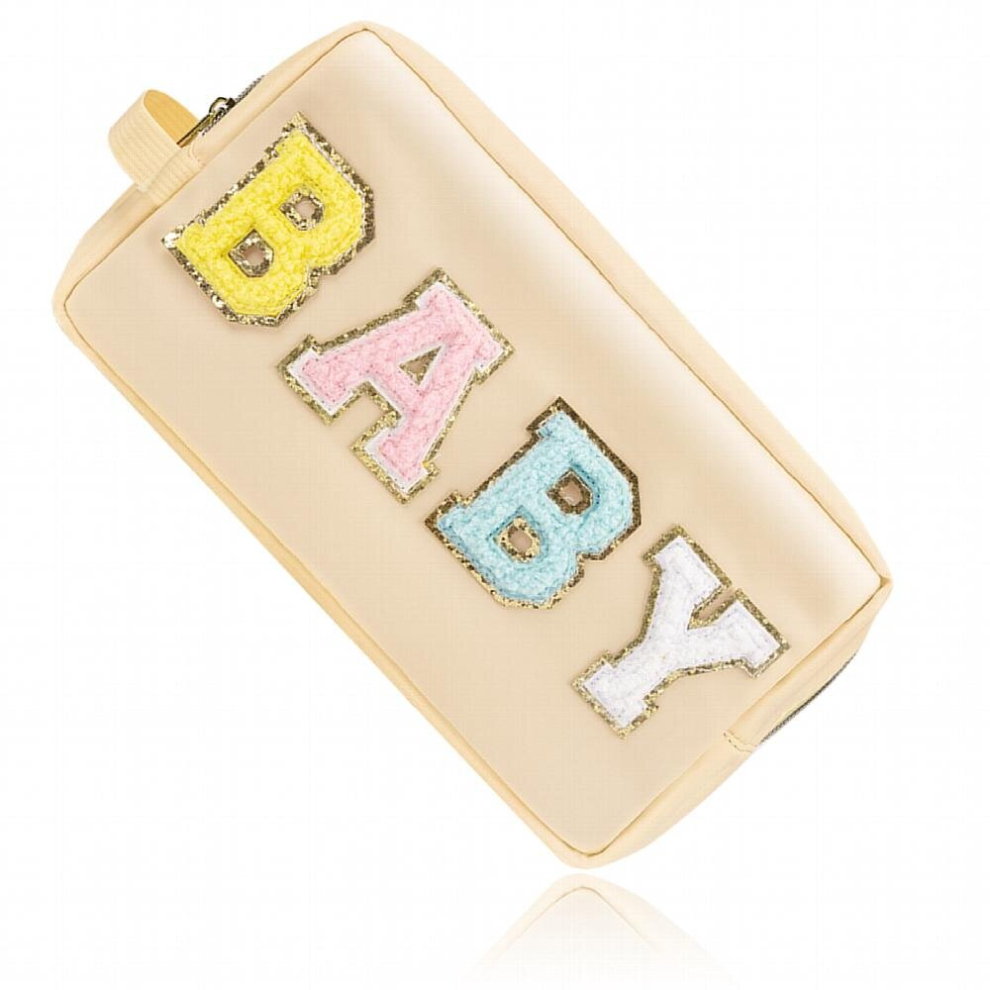 Multicoloured Preppy Makeup Bag With Strap Nylon Waterproof Travel Toiletry Bag Preppy Stuff Chenille Letter Patch Cosmetic Pouch With Zipper