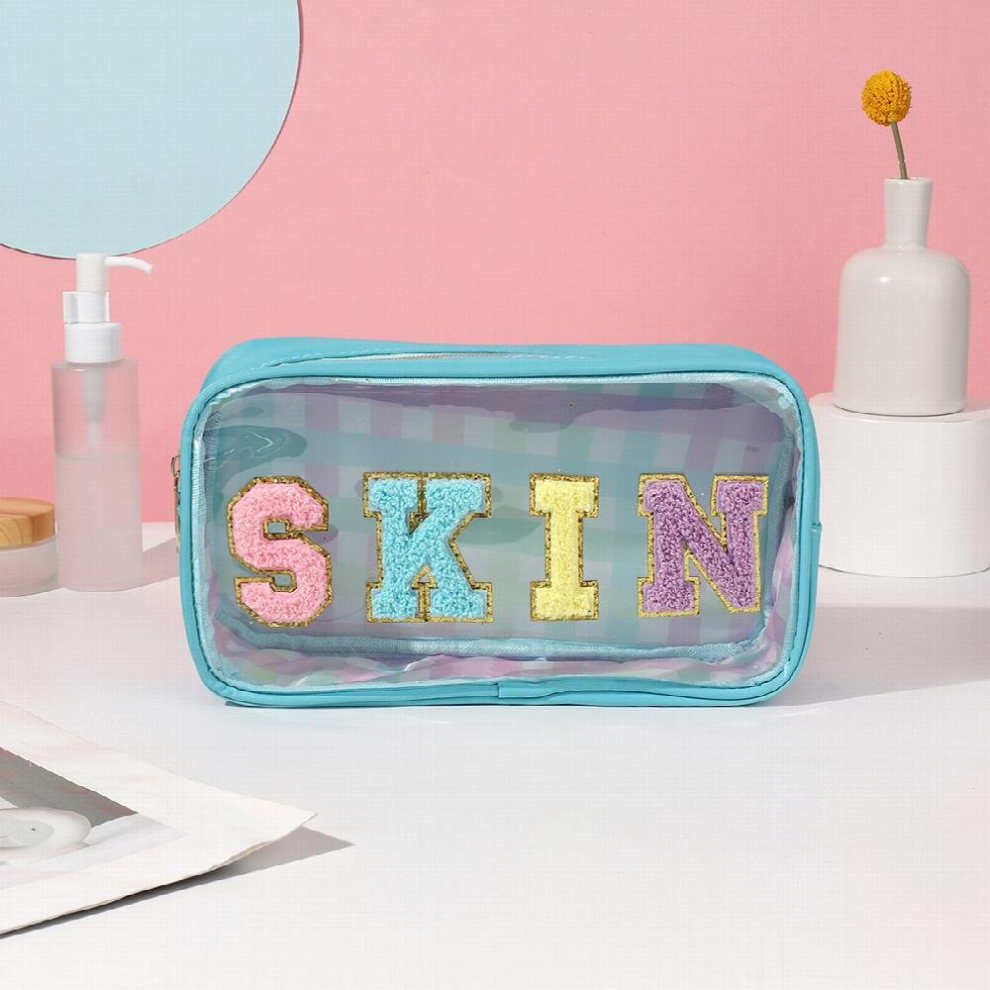 Multicoloured Preppy Makeup Bag With Patches Skin Pouch Chenille Letter Make Up Bag Clear Travel Makeup Zipper Pouch Purse Glitter Travel Toiletry Bag Cosmetic Purs