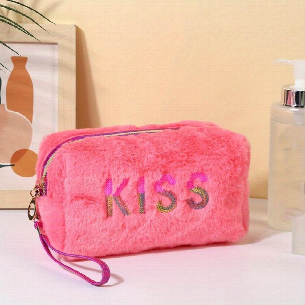 Preppy Plush Makeup Bag With Sequin Letter Soft Zipper Pouch Cosmetic Bag For Teens Girls Small Toiletry Bag Skin Care Bag For Women