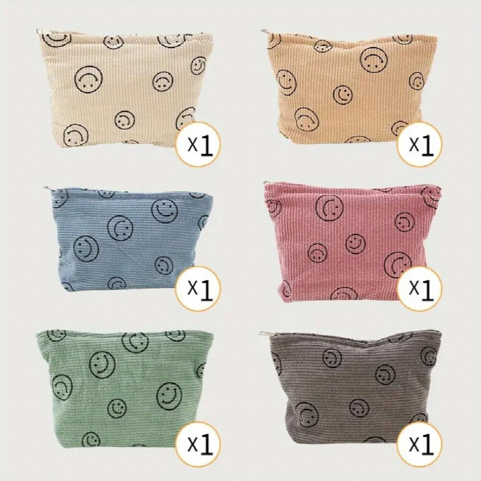 Multicoloured 6Pcs Corduroy Cosmetic Bag Smile Makeup Pouch Preppy Makeup Bag Smile Face Makeup Pouch With Zipper Travel Toiletry Handbag Purse Organizer Storage Fo