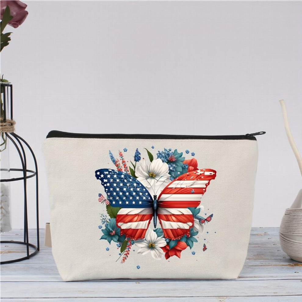 White Travel Makeup Bag For Women Large Capacity Zipper Cosmetic Bag Linen Makeup Organizer Toiletry Bags Purse Pouch Flag
