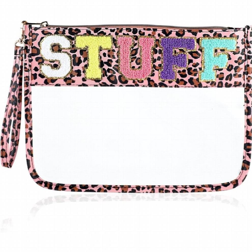 Leopard Print Chenille Letter Clear Bag Clear Travel Zipper Pouch Nylon Makeup Bag Clear Cosmetic Toiletry Bag Water Proof Makeup Travel Pouch Snack B