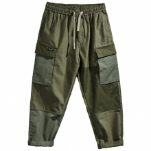 Spring and mens overalls stitched loose straight tube Pocket elastic waist drawstring casual pants