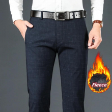 Classic Plaid Mens Business Winter Pants Clothing Fleece Thick Warm Fit Straight High Waisted Casual Trousers Youth