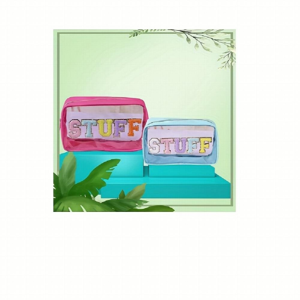 Multicoloured 2Pcs Embroidered Letter Clear Makeup Bags Preppy Patch Cosmetic Bag Stuff Bag Waterproof Zipper Pouch Portable Transparent Travel Cosmetic Bag For Wom