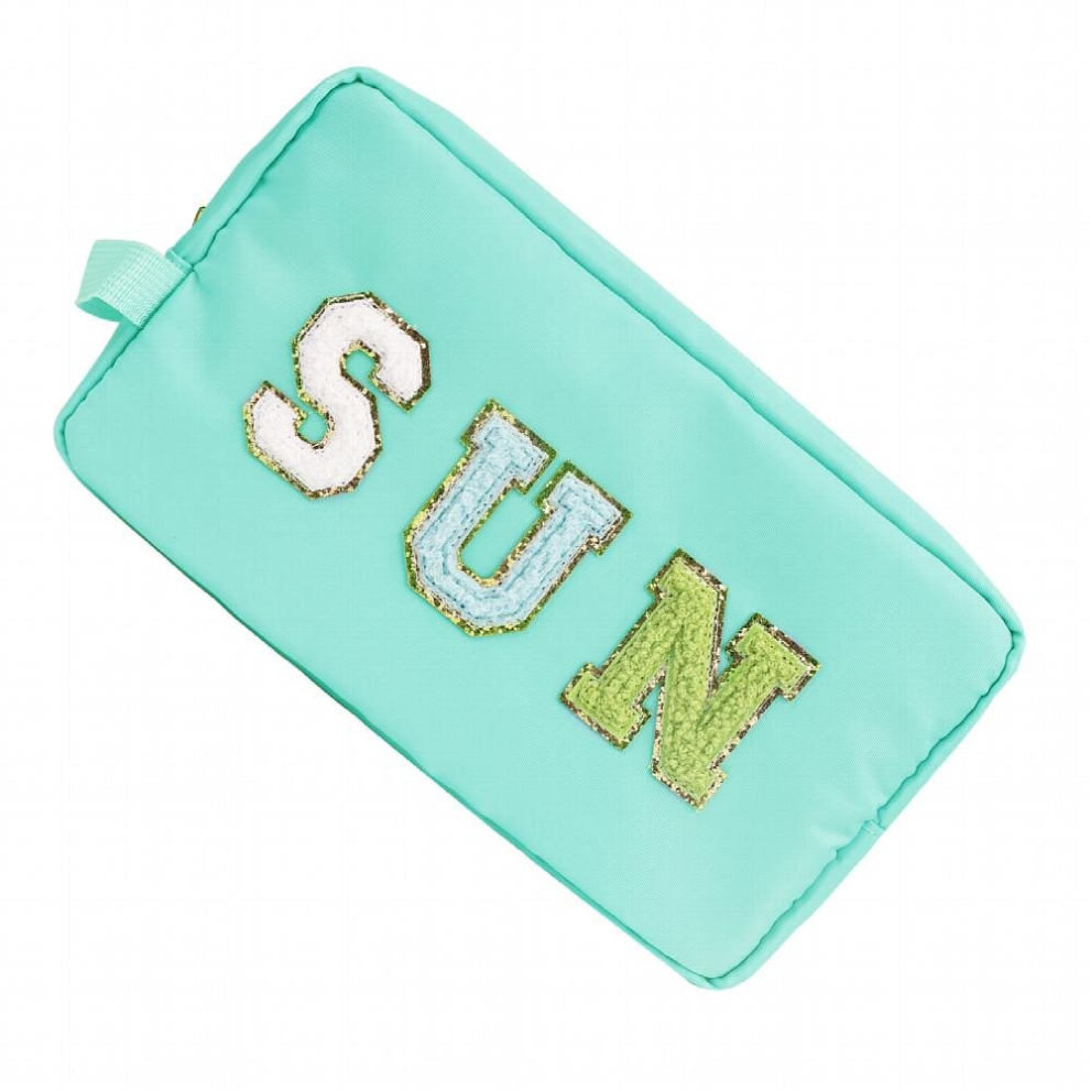Multicoloured Preppy Makeup Bag With Strap Nylon Waterproof Travel Toiletry Bag For Women Girl Zipper Preppy Stuff Chenille Letter Patch Beach Pouch For Cosmetic Gr