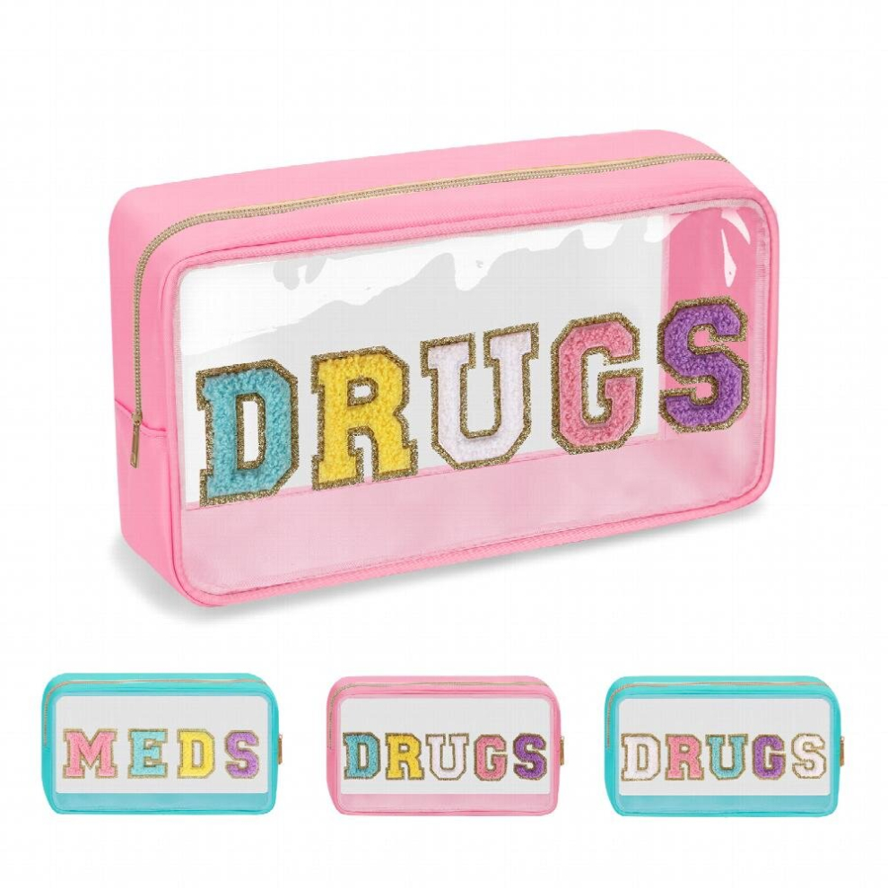 Chenille Letter Clear Makeup Bags Drugs Pouch Preppy Patch Makeup Bag With Zipper Transparent PVC & Nylon Waterproof Portable Glitter Cosmetic Bag Tra