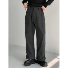 Casual Men Woolen Fabric Pants Solid Wide Leg Pocket Vintage Male Trousers Temperament 2A6352